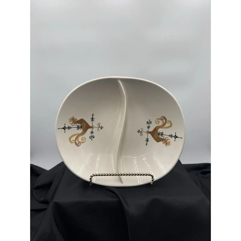 Vintage Mid Century Porcelain Rooster Divided Serving Bowl